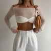 Women’s One Shoulder Exposed Waist Mesh Crop Top Long Sleeve Blouse