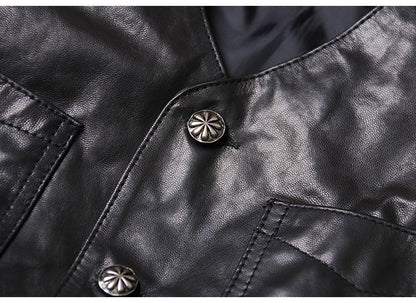 Men Leather Vest Sheepskin Black V-Neck Button Waistcoat