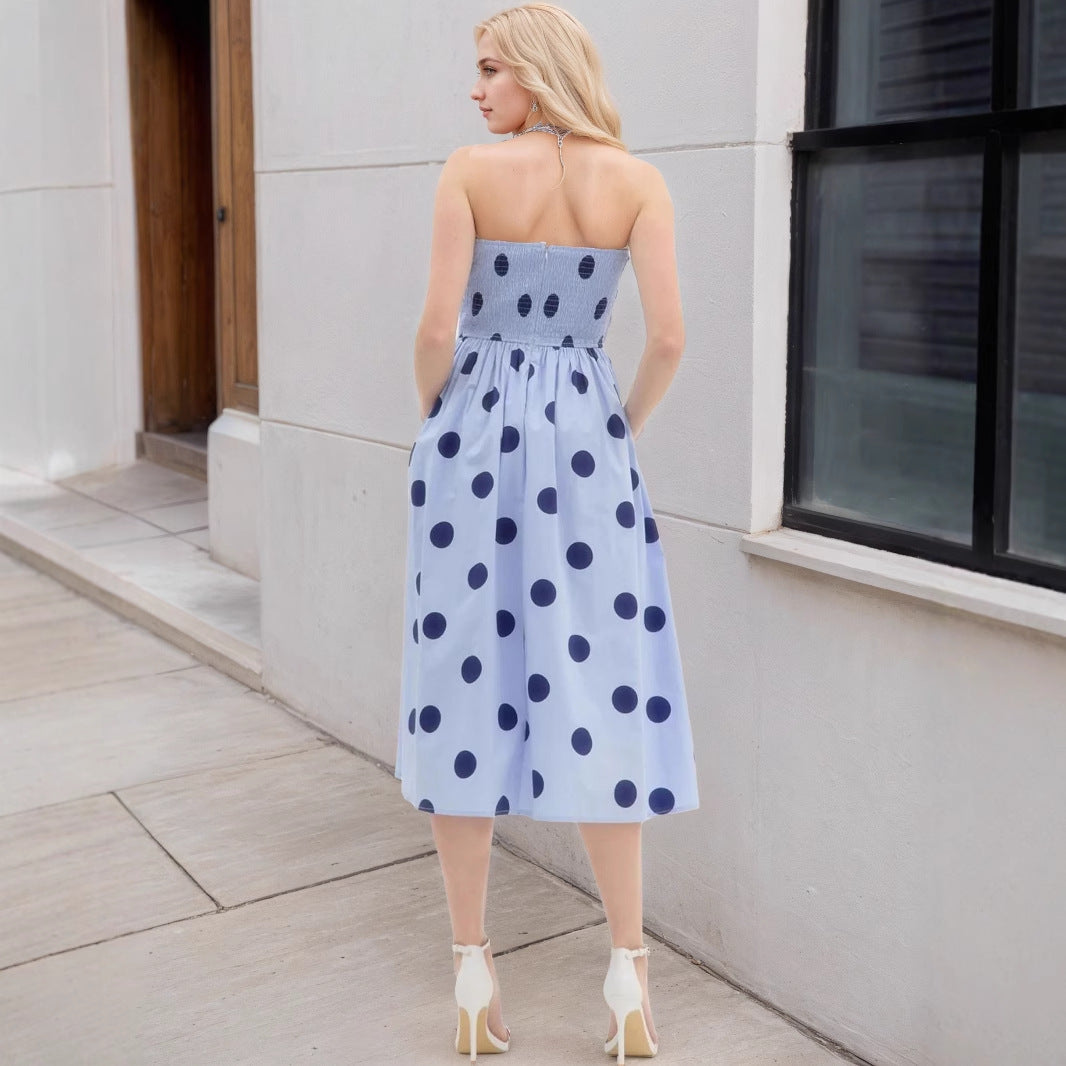 Women Polka Dot Strapless Midi Dress Summer
