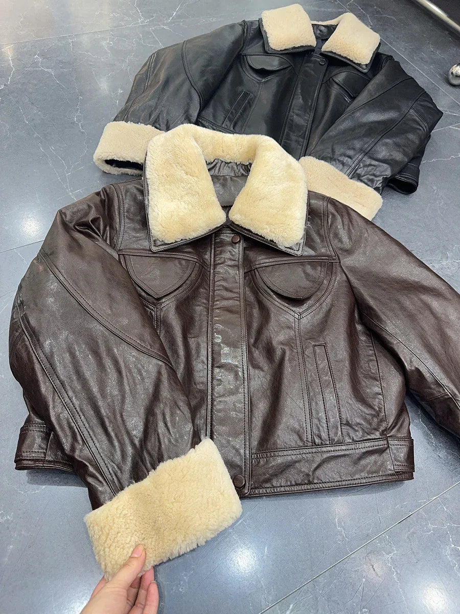 Womens waxed leather down aviator bomber jacket