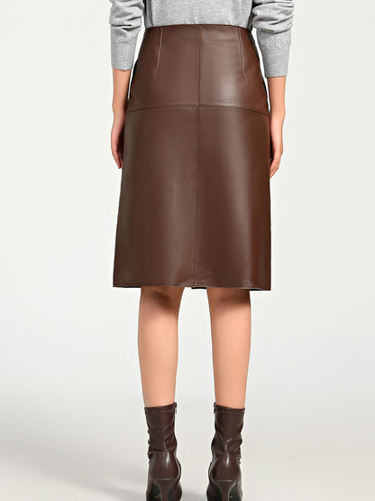 Brown Leather Midi Skirt High Waisted A-Line with Front Zipper