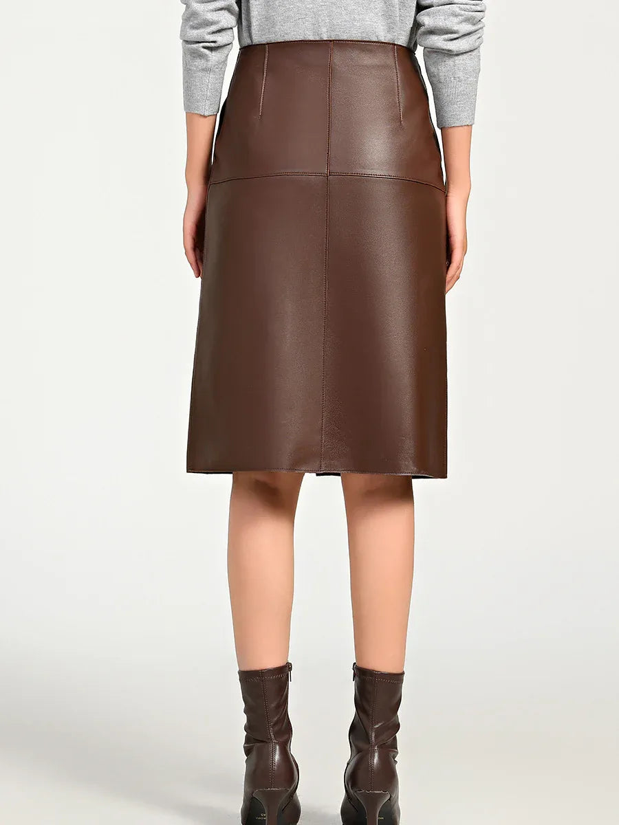 High waisted brown lambskin midi skirt