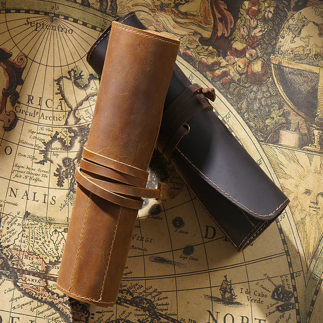 Retro cowhide roll up leather pencil case