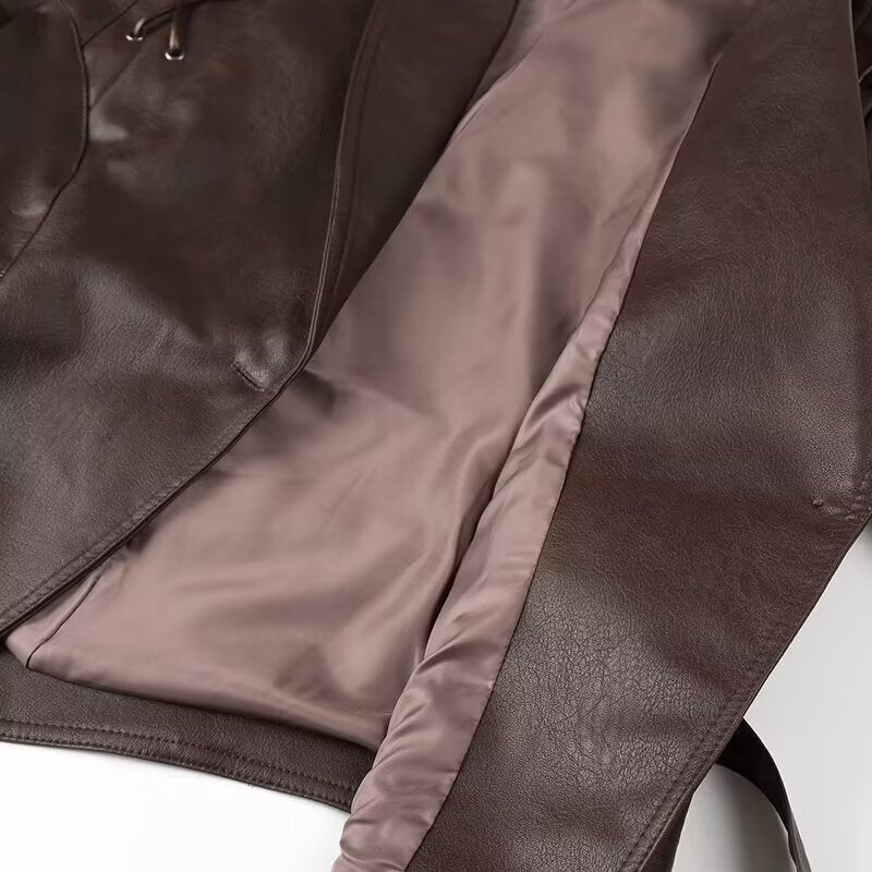 Faux Leather Jacket Women Belted Retro Wrap Style