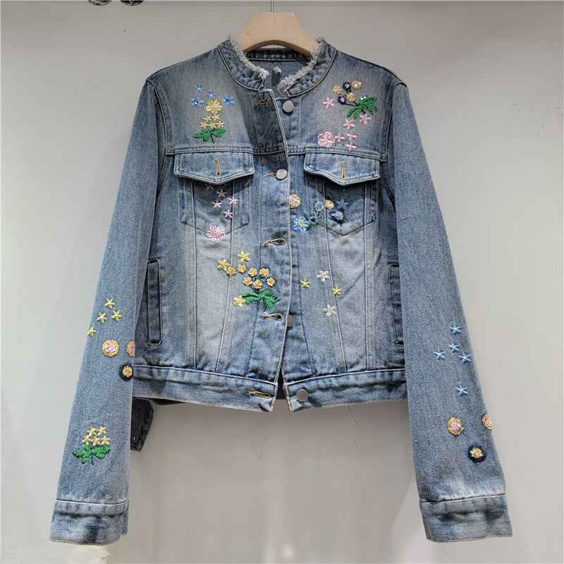 Women’s Embroidered Floral Sequin Denim Jacket Short Fit
