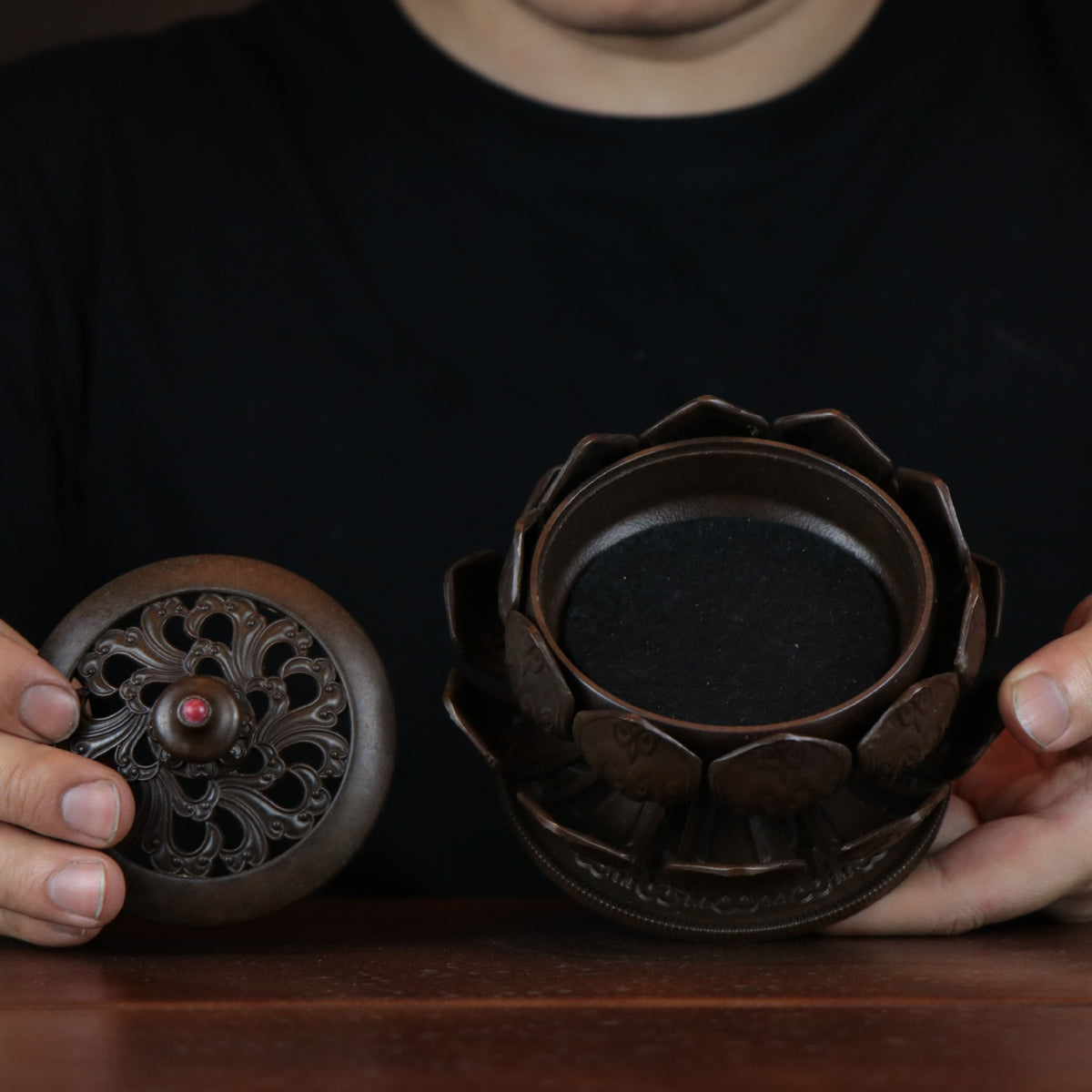 Lotus Incense Burner with Lid and Dark Bronze-Tone Finish