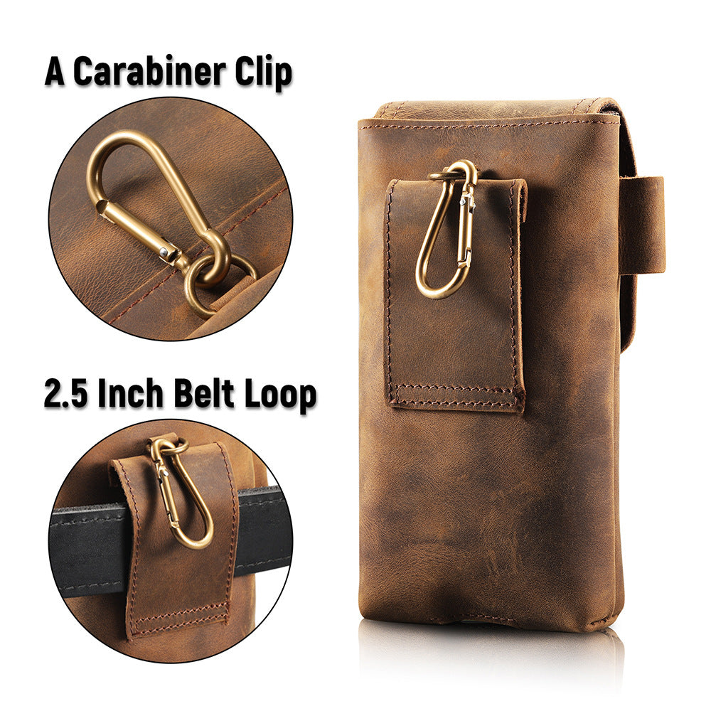 Men’s Leather Waist Bag with Magnetic Phone Pouch and Zipper Pocket