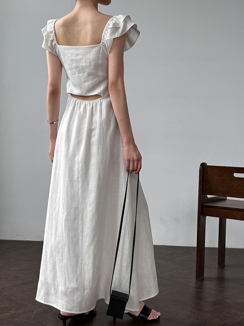 White flutter sleeve linen maxi dress with open back waist fit