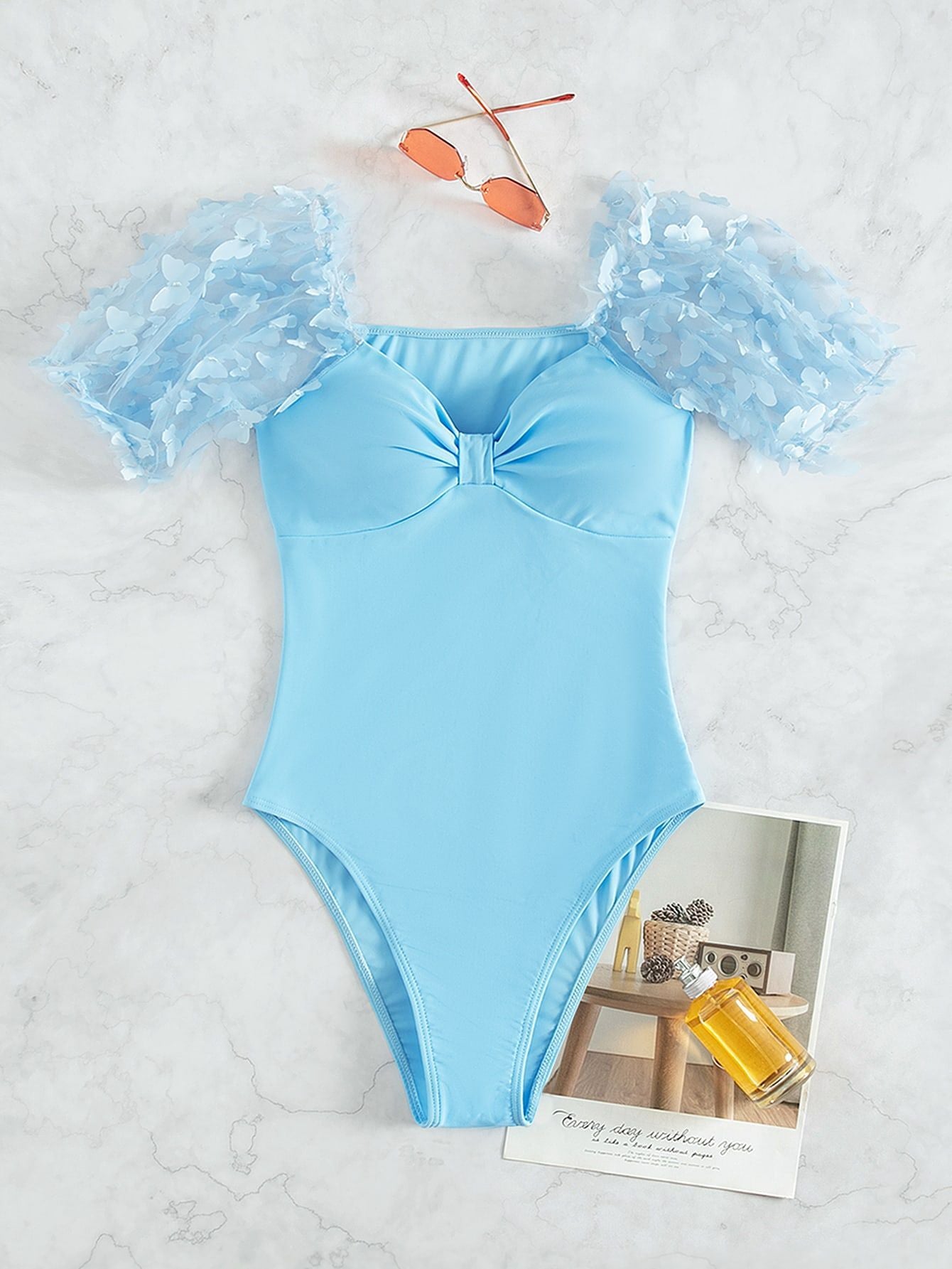 Lilac Floral Puff Sleeve One Piece Swimsuit for Women