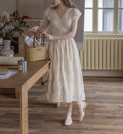cotton midi dress v neck embroidered summer