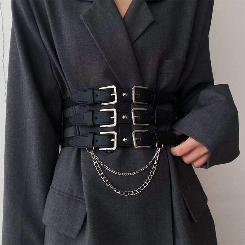 Women’s Black Punk Waist Belt With Buckles and Chains