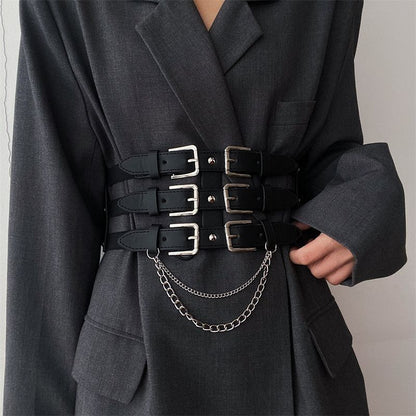 Women’s Black Punk Waist Belt With Buckles and Chains