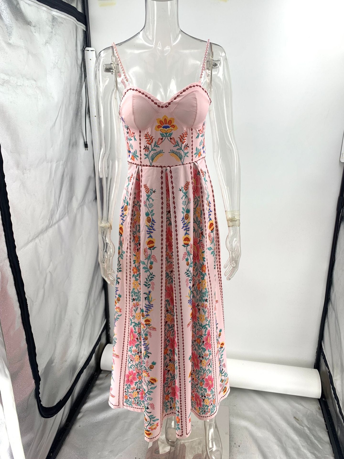 Women summer maxi dress with blush floral bead straps