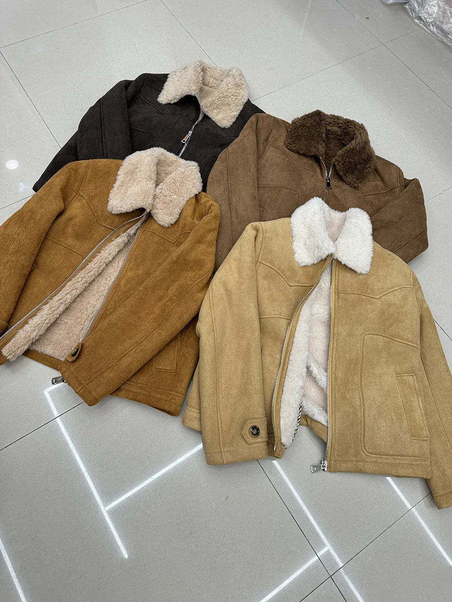 Women’s Suede Lambswool Fur Jacket Winter