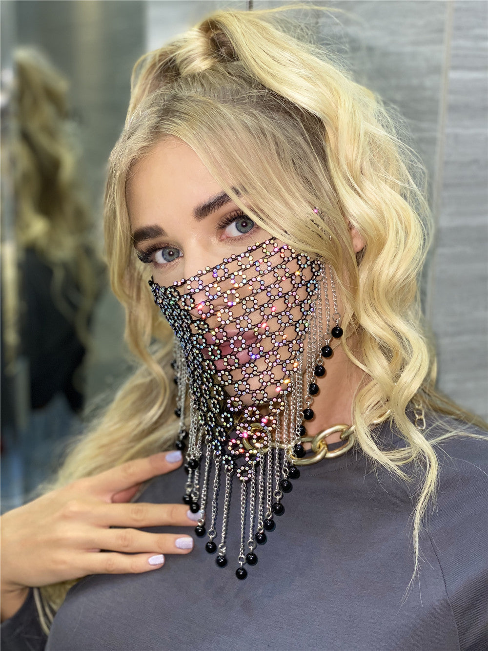 Rhinestone tassel mesh jewelry face mask