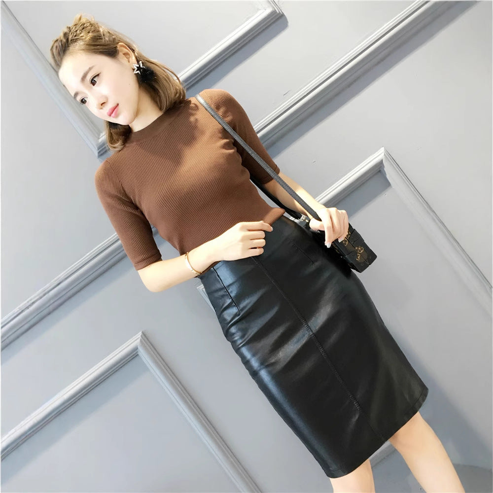 High Waist Black PU Leather Pencil Skirt for Women with Back Slit