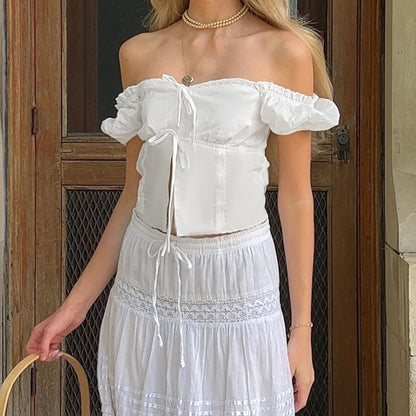 Lace Patchwork Tie Front Puff Sleeve Crop Top