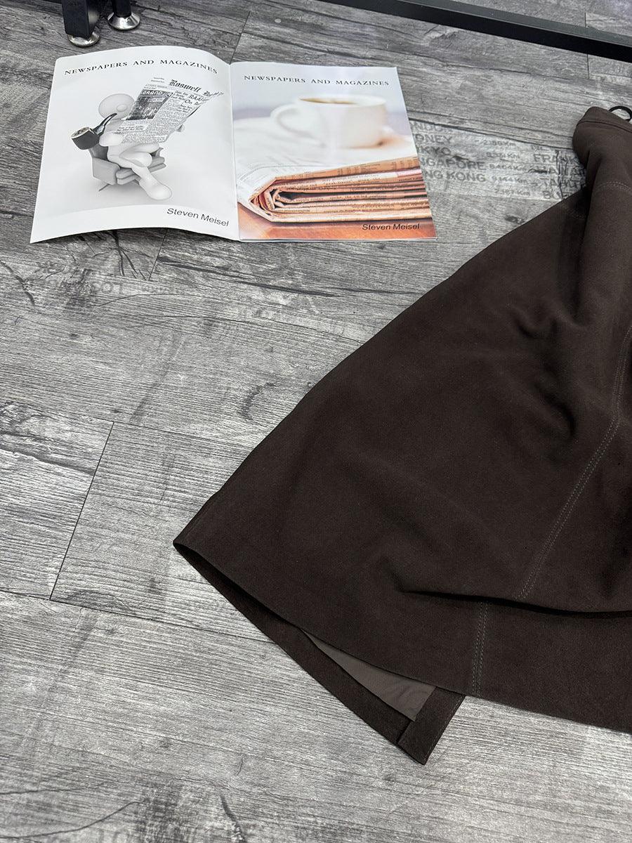 Brown Suede Midi Skirt Women Sheepskin Over-the-Knee Skirt