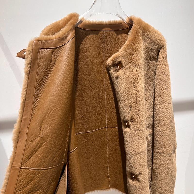 Women Leather Real Fur Coat Short Shearling Round Neck Jacket