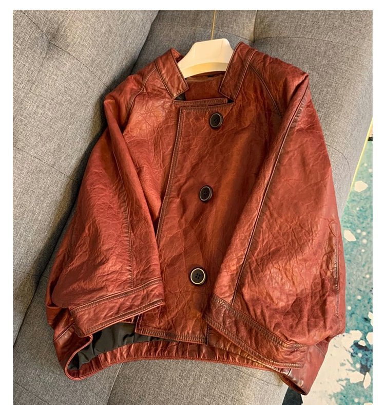 Retro distressed leather bomber jacket women