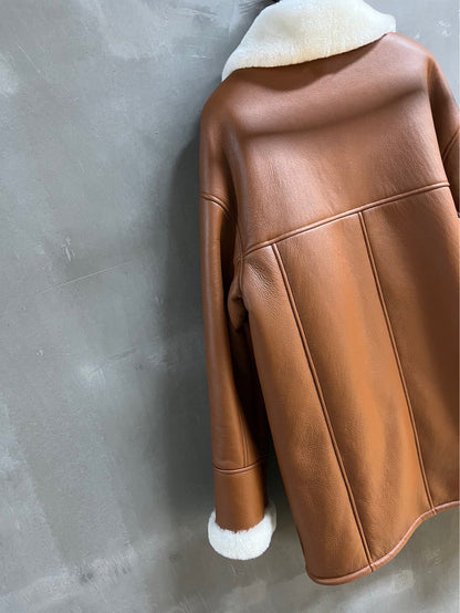 Women’s Mid-Length Shearling Leather Coat with Merino Fur Collar