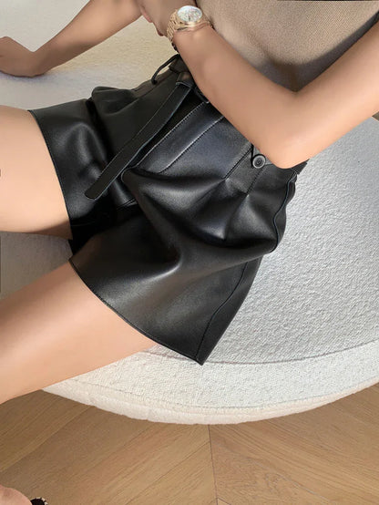 Genuine sheepskin women leather shorts with belt