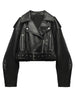 Women Retro Faux Leather Biker Jacket Cropped Moto Jacket with Belt