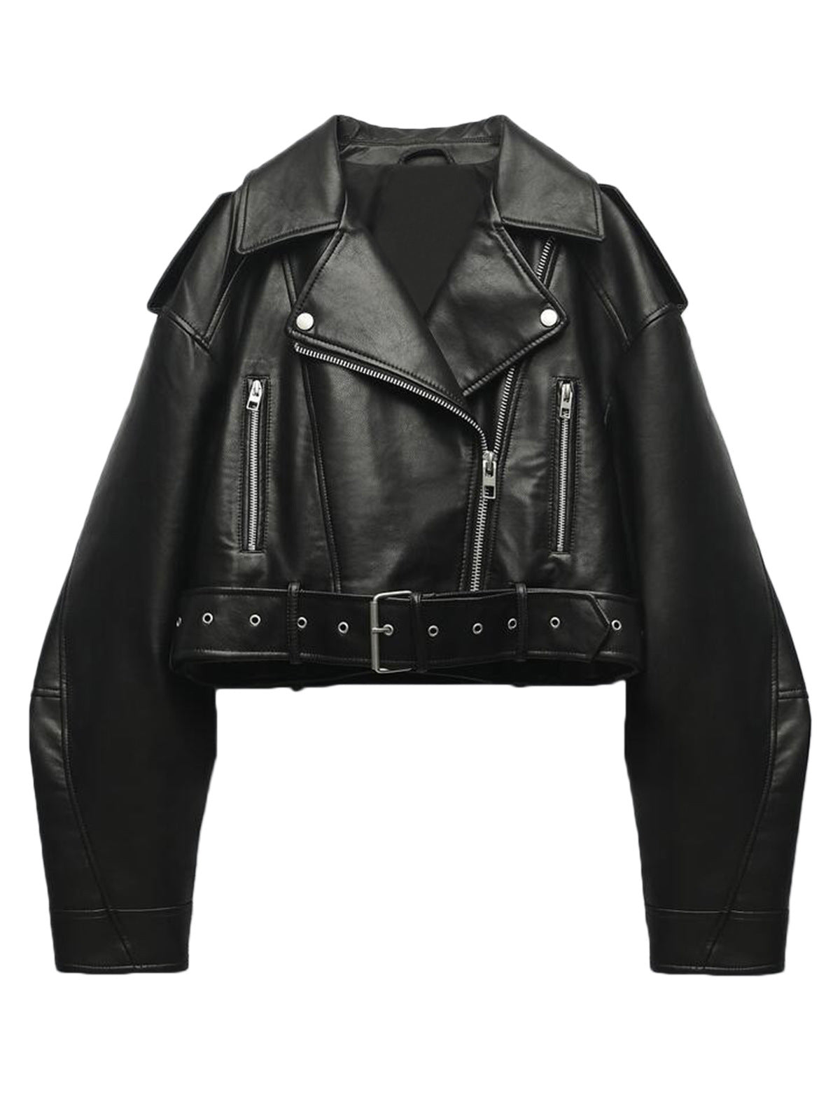 Women Retro Faux Leather Biker Jacket Cropped Moto Jacket with Belt
