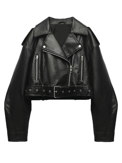 Women Retro Faux Leather Biker Jacket Cropped Moto Jacket with Belt