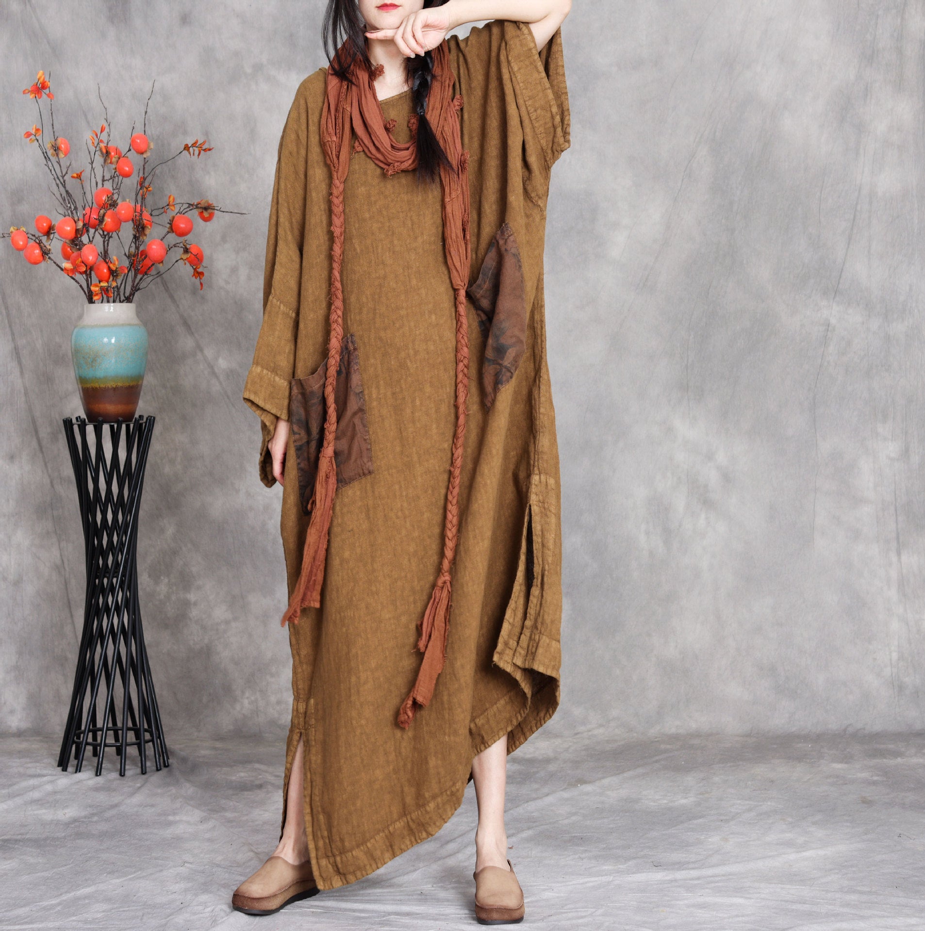 Plus size linen maxi dress loose long sleeve with pockets