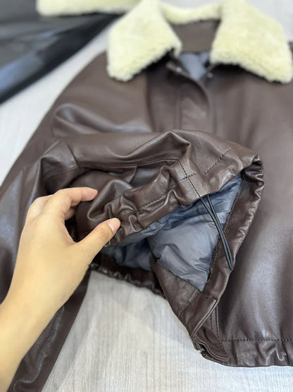 Leather bomber jacket for women with wool fur collar