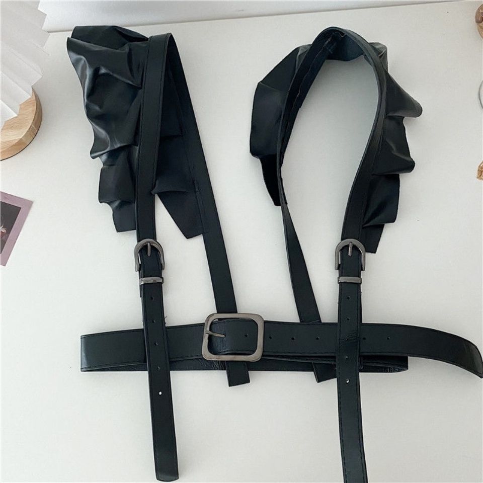 Women’s Black Faux Leather Harness Belt with Ruffled Shoulders