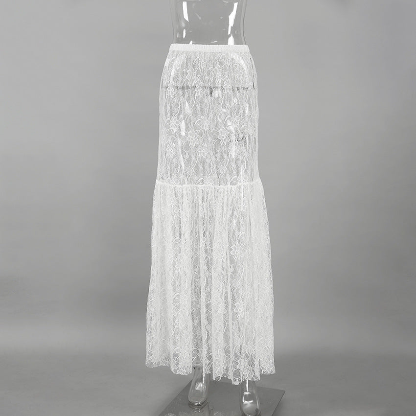 Women’s White Lace High Waist Midi Skirt