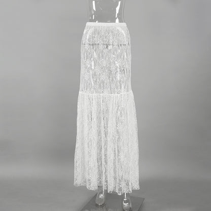 Women’s White Lace High Waist Midi Skirt