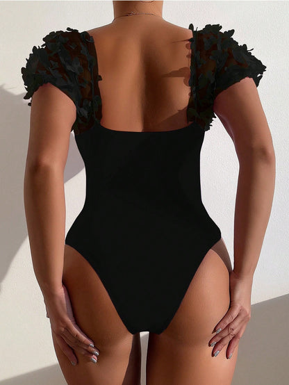 Lilac Floral Puff Sleeve One Piece Swimsuit for Women