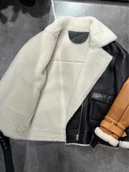 Women Genuine Leather Bomber Jacket with Real Fur
