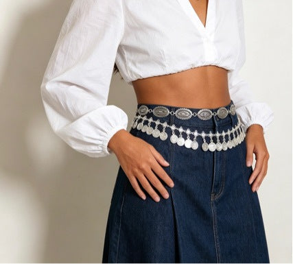 Waist Chain with Antique Silver Coin Tassels for Women