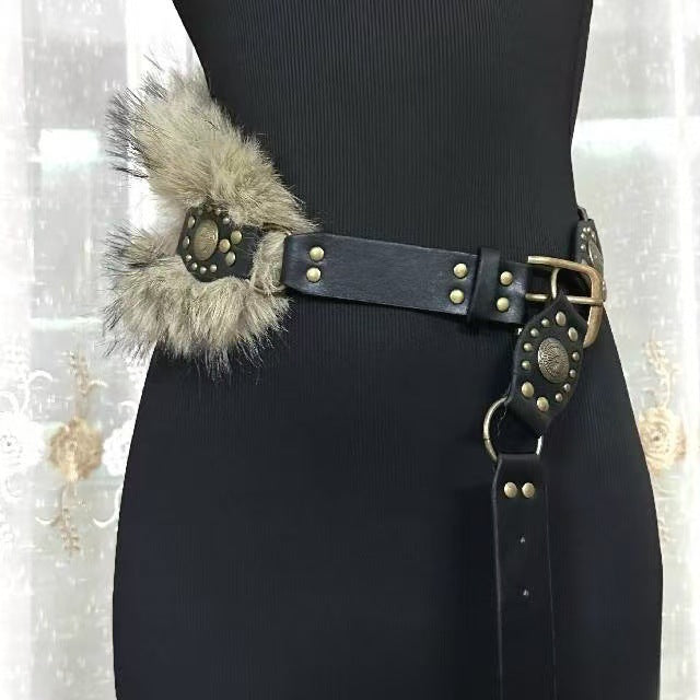 Women fur belt punk waist accessory with studded buckle 1