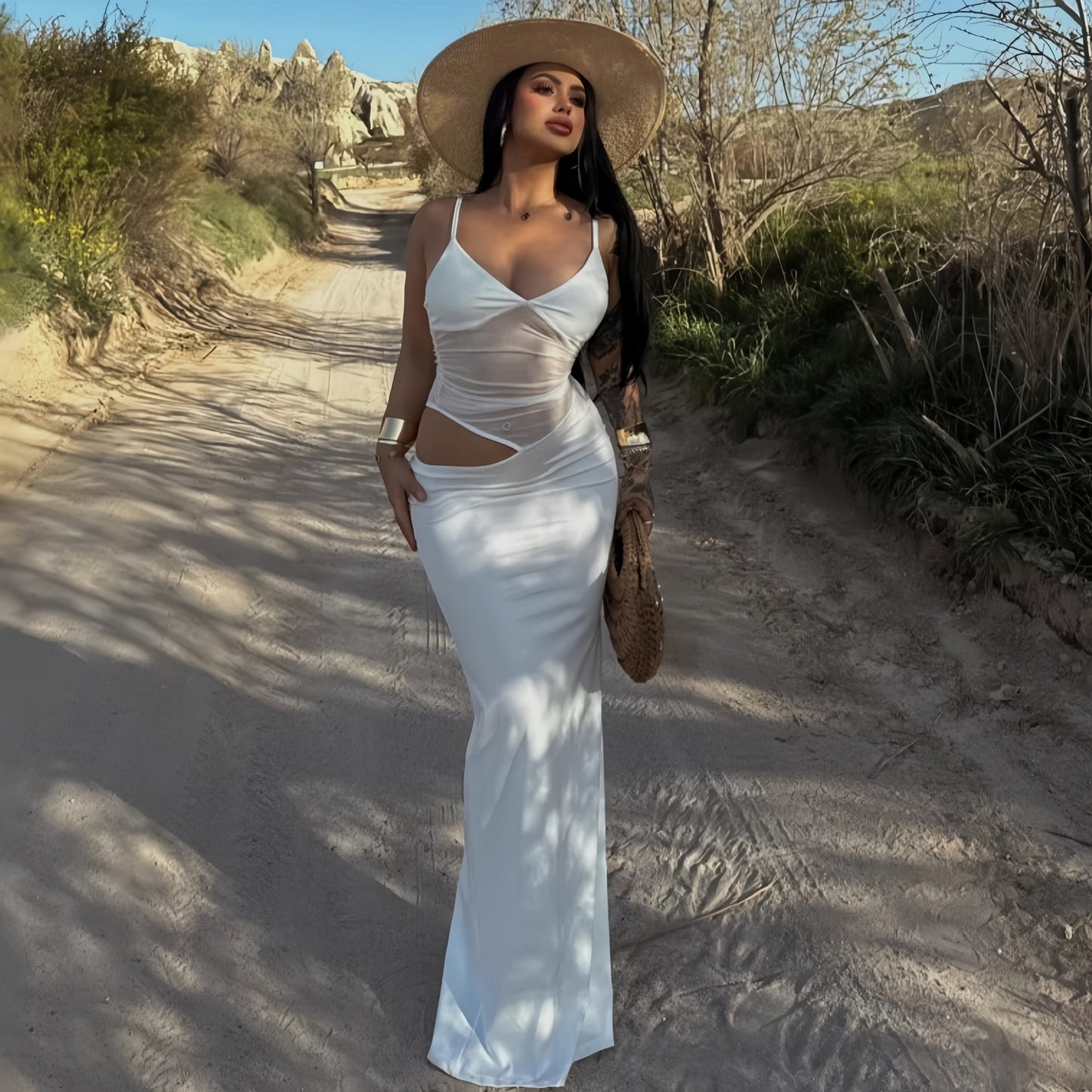 White mesh cutout backless suspender maxi dress