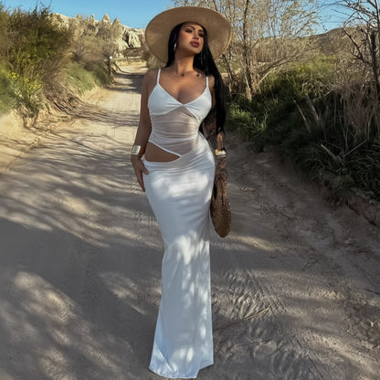 White mesh cutout backless suspender maxi dress