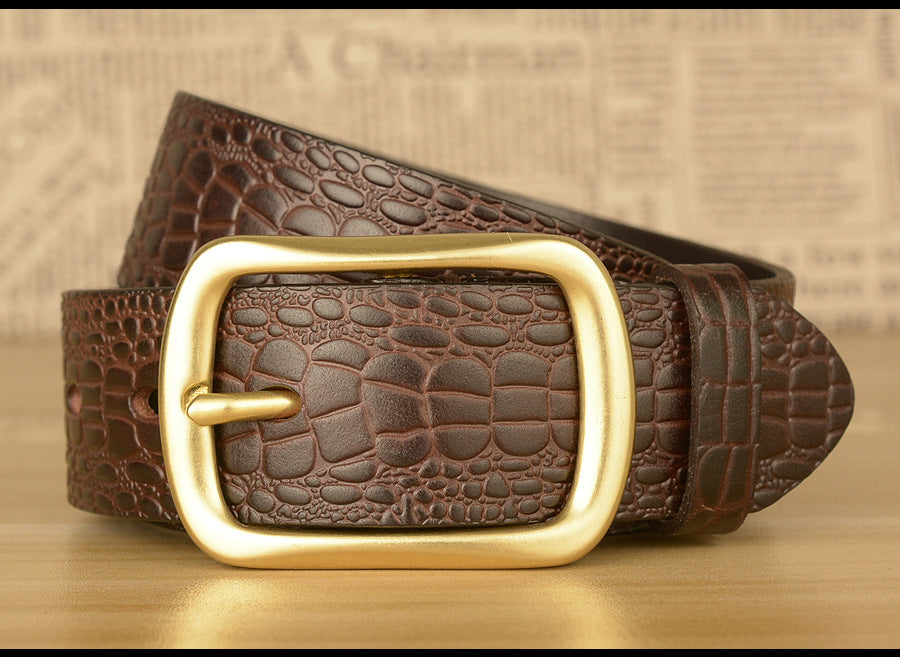 Men Leather Belt with Copper Buckle Crocodile Pattern