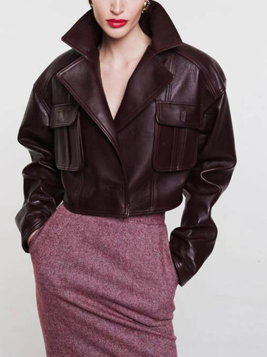Women Leather Jacket Cropped Maroon Workwear Coat