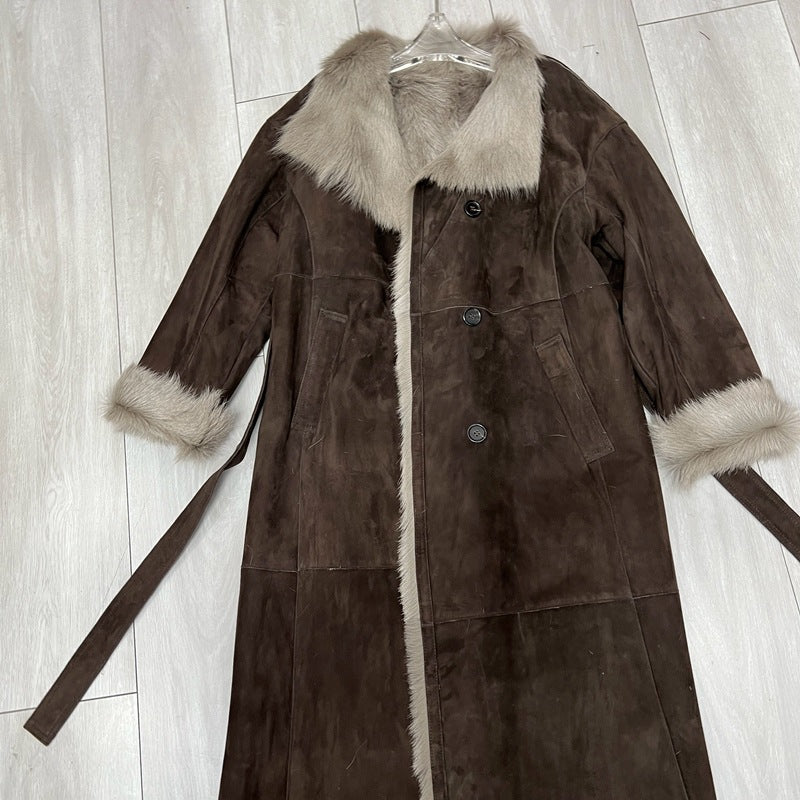 Women Suede Jacket Long Sheepskin Coat