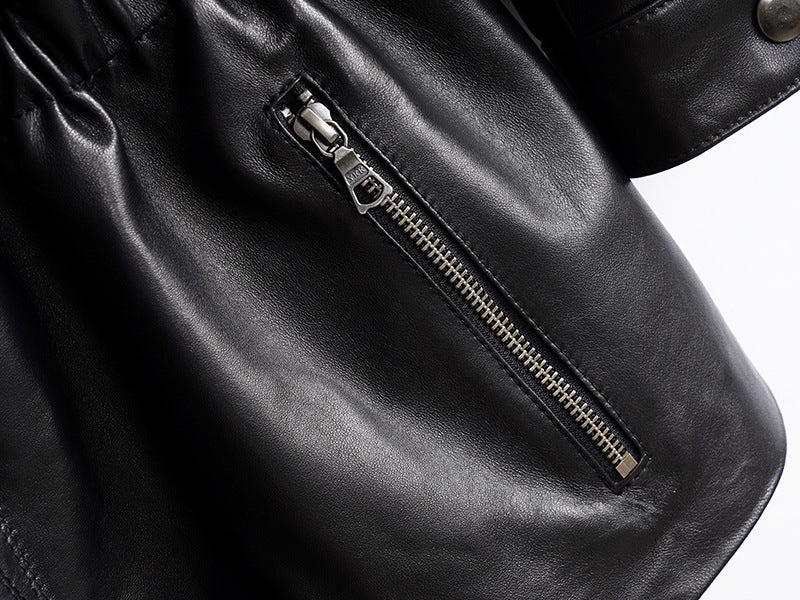 Women’s Leather Moto Trench Coat with Waist Cinch and Buckle Collar