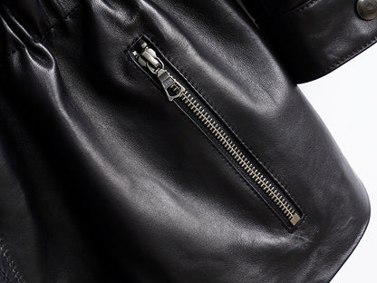 Women’s Leather Moto Trench Coat with Waist Cinch and Buckle Collar