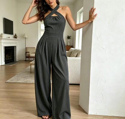 Women’s Halter Neck Wide Leg Jumpsuit with Pockets