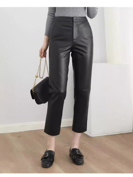 Women’s High Waisted Black Cropped Leather Pants
