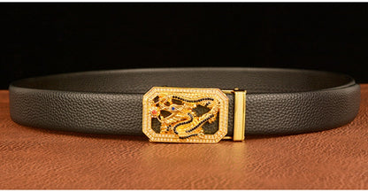 Men’s Cowhide Leather Belt with Rhinestone Dragon Buckle