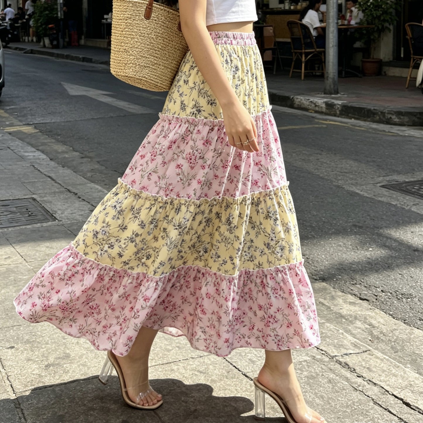 High waist maxi skirt with pink floral tiers