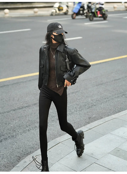 Cropped leather jacket for women